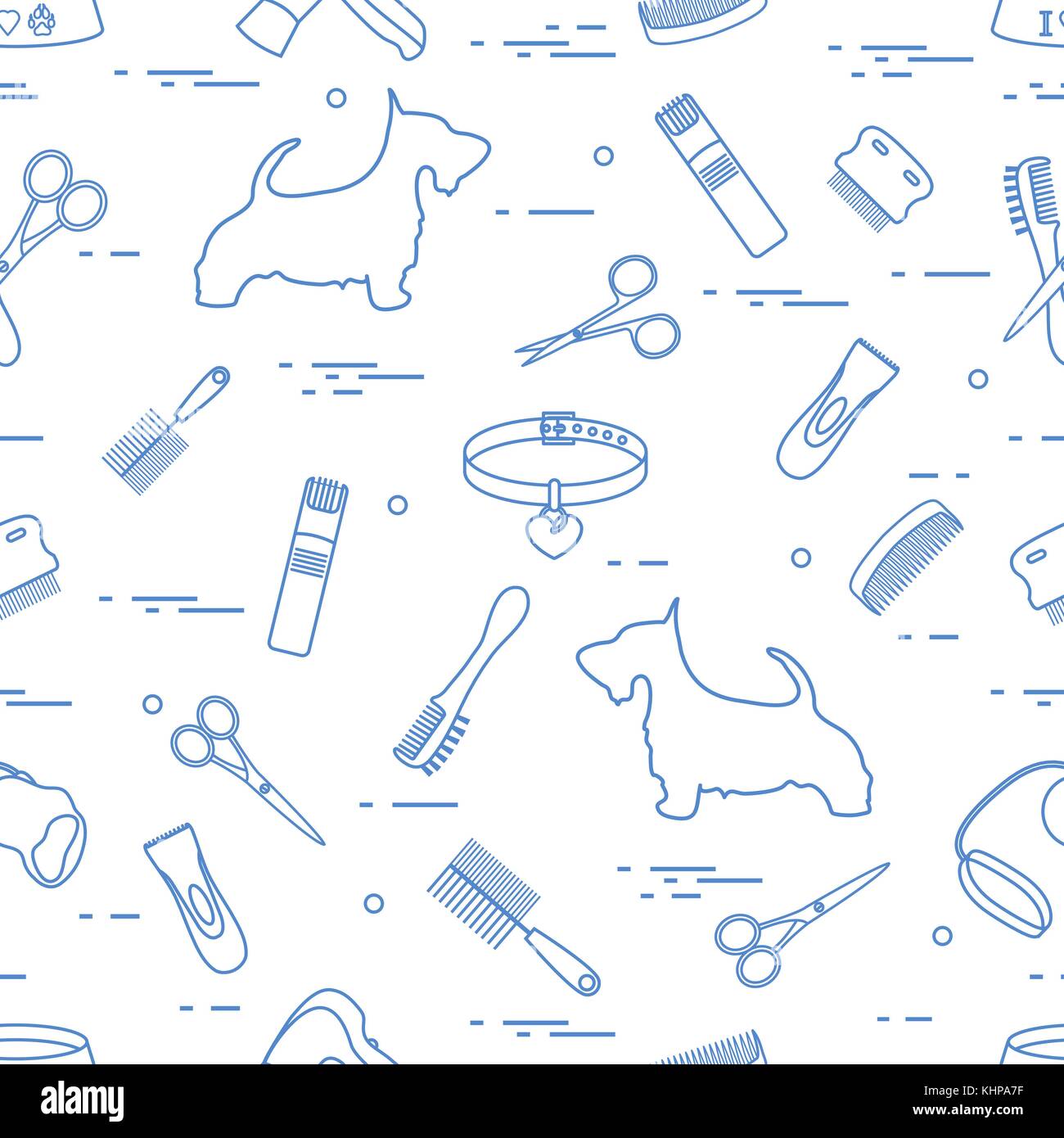 Modello con il cane, pettini, collare, guinzaglio, rasoio, asciugacapelli, ciotola, forbici. health care, toelettatura, prendersi cura di un cane, mostra. Illustrazione Vettoriale