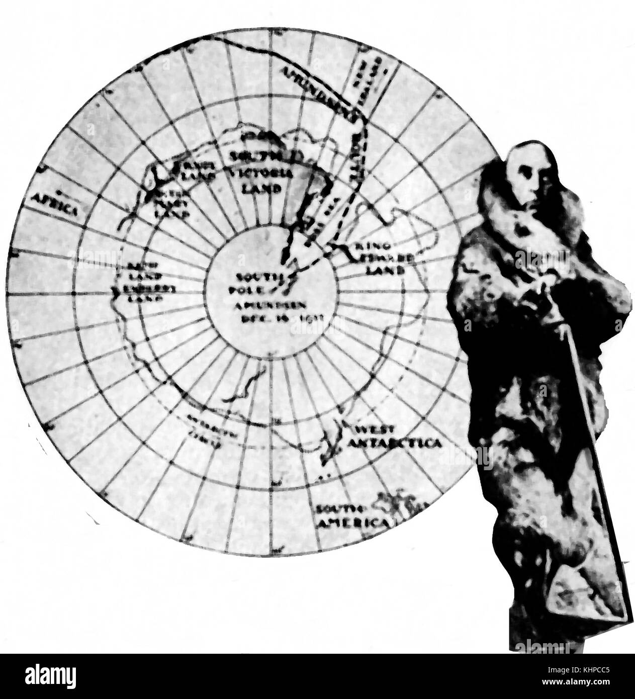 Roald Engelbregt Gravning Amundsen il norvegese Antartico explorer con una mappa del suo viaggio di scoperta verso il Polo Sud - da una piccola rivista 1935 illustrazione Foto Stock