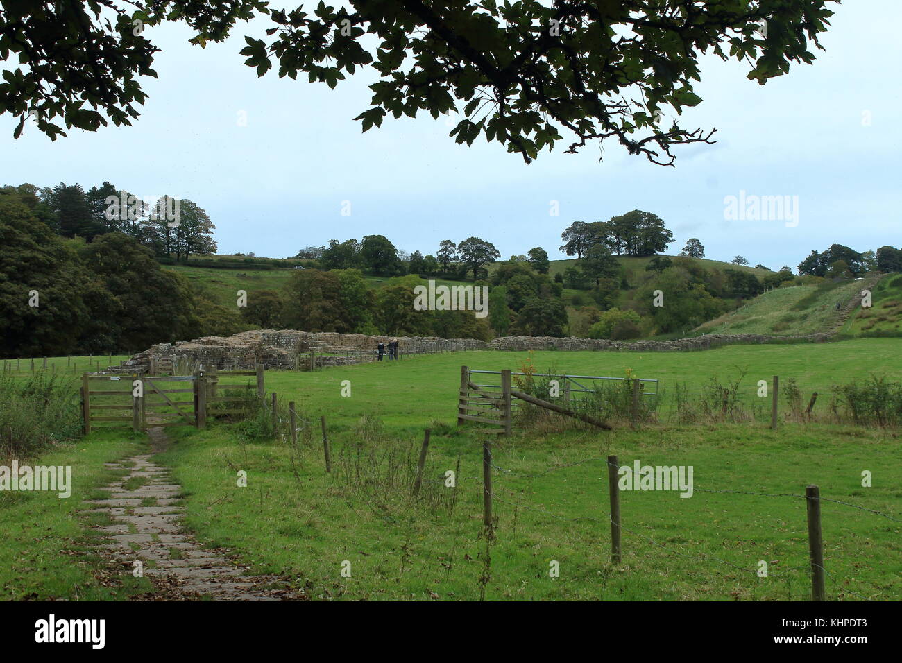 Il Vallo di Adriano national trail a willowford, dove i riscontri da un viadotto romano sono stati rivelati dalla erosione fluviale, cumbria, Regno Unito Foto Stock