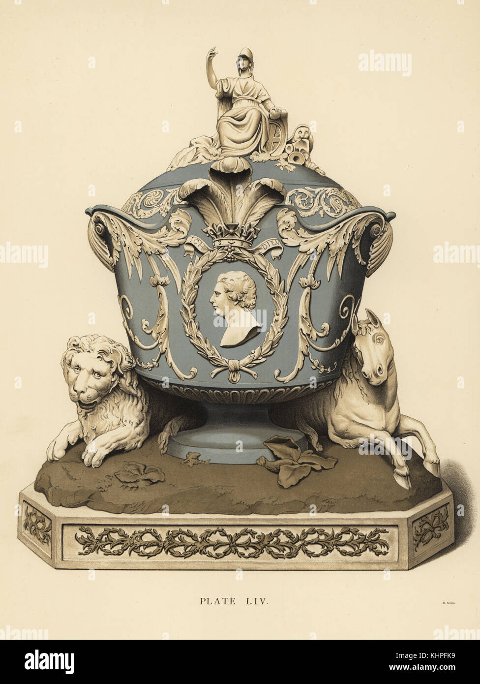 Il Principe di Galles vaso in Jasper. Con la figura di Britannia e un leone, medaglione di George, corona e piume, con Lion e cavallo a base. Chromolithograph da W. Griggs da Frederick Rathbone del vecchio Wedgwood, decorativo o di ceramica artistica di lavoro prodotta da Josiah Wedgwood, Quaritch, Londra, 1898. Foto Stock