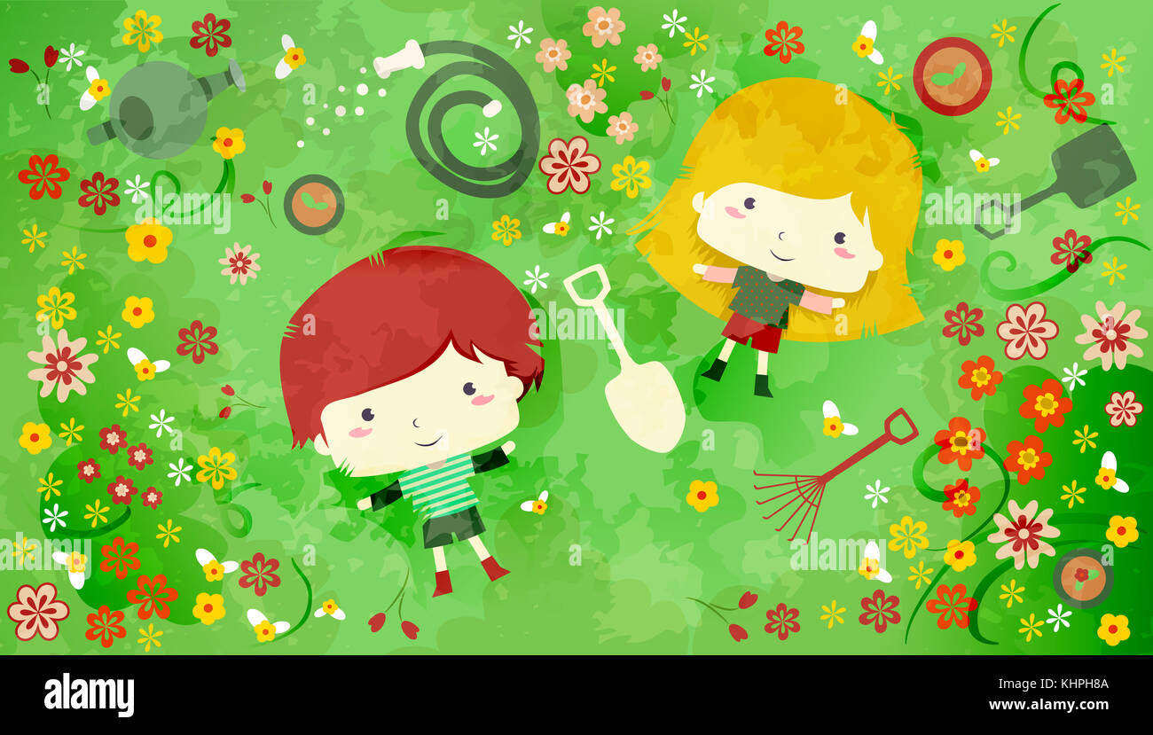 Illustrazione di un Redheaded Ragazzo e una ragazza bionda sdraiato in mezzo a fiori e utensili da giardinaggio - eps10 Foto Stock