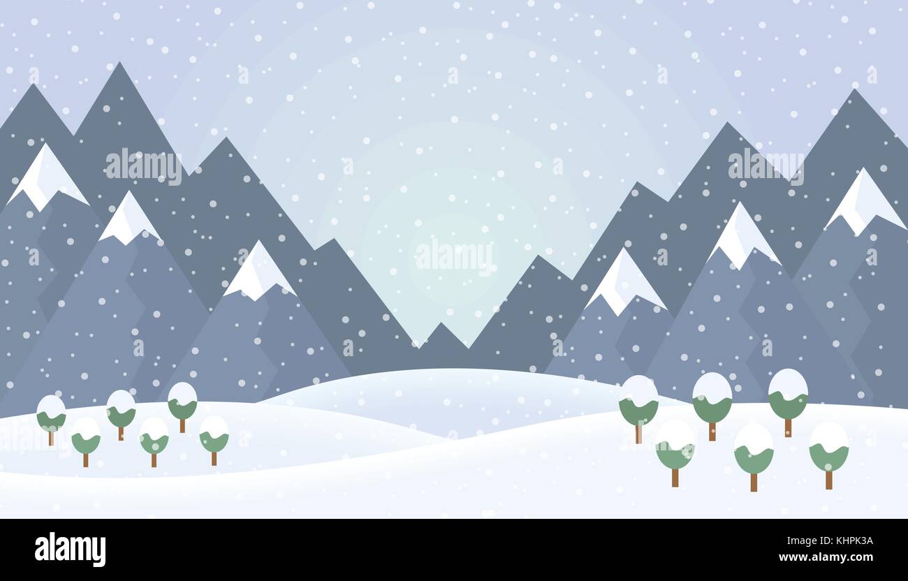 Design piatto illustrazione di inverno paesaggio di montagna con alberi e neve - vettore Illustrazione Vettoriale