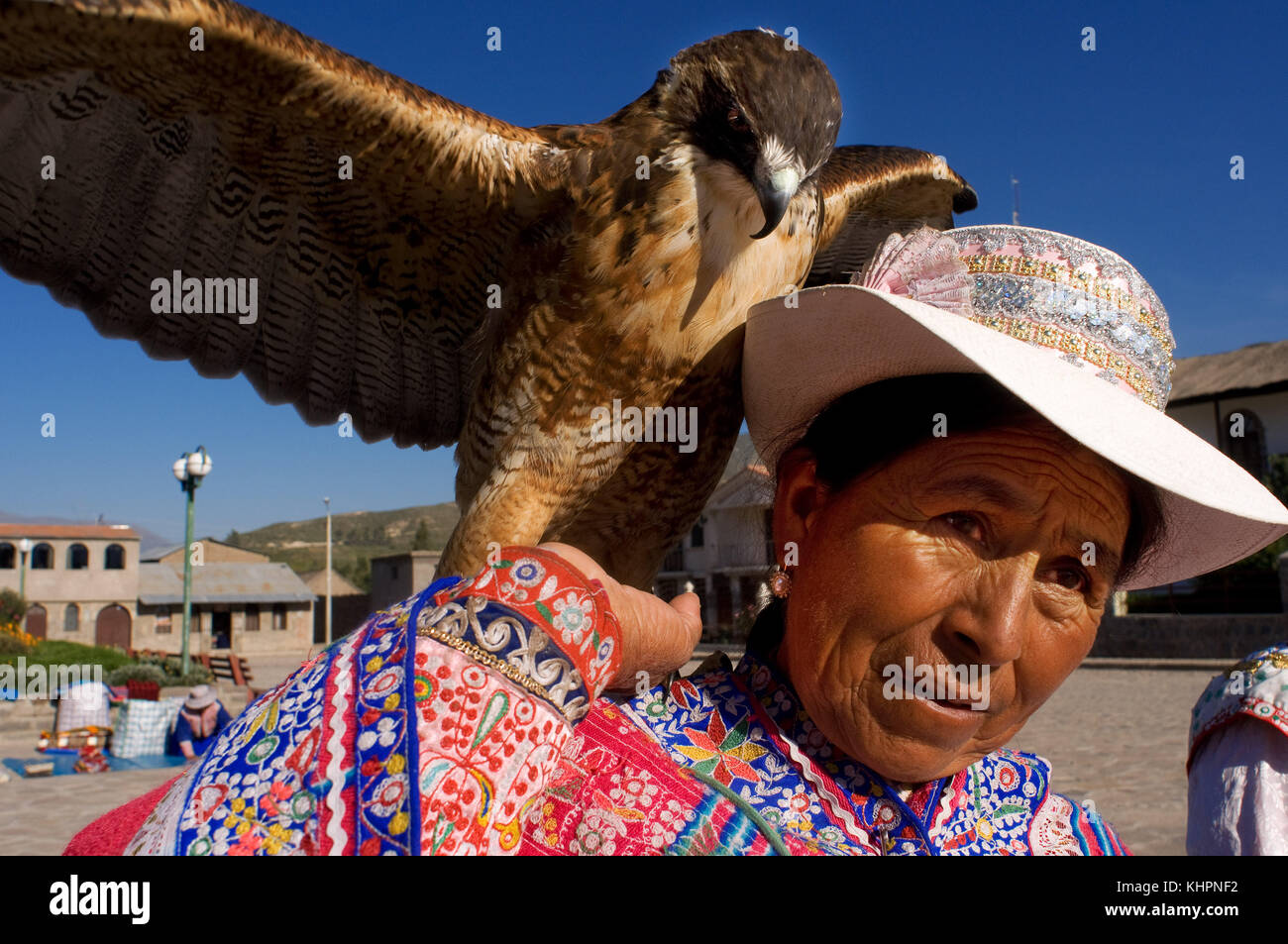 Yanke, una delle cittadine della Valle del Colca dove i venditori animano la vendita fotografandosi con le loro aquilette, gufi e lama. Foto Stock