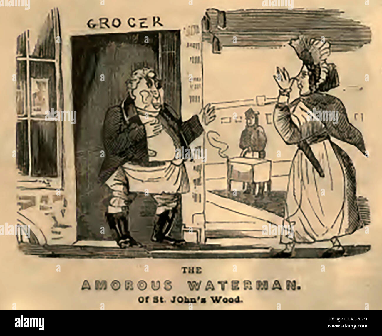 Il re George IV ( George Augustus Frederick) amorosa Waterman di St John's Wood - Una vignetta satirica da una strada ballata foglio di tempo che indica il suo amore per la posa come ricco negozio di generi alimentari e di altri commercianti in un tentativo di attirare giovani donne Foto Stock