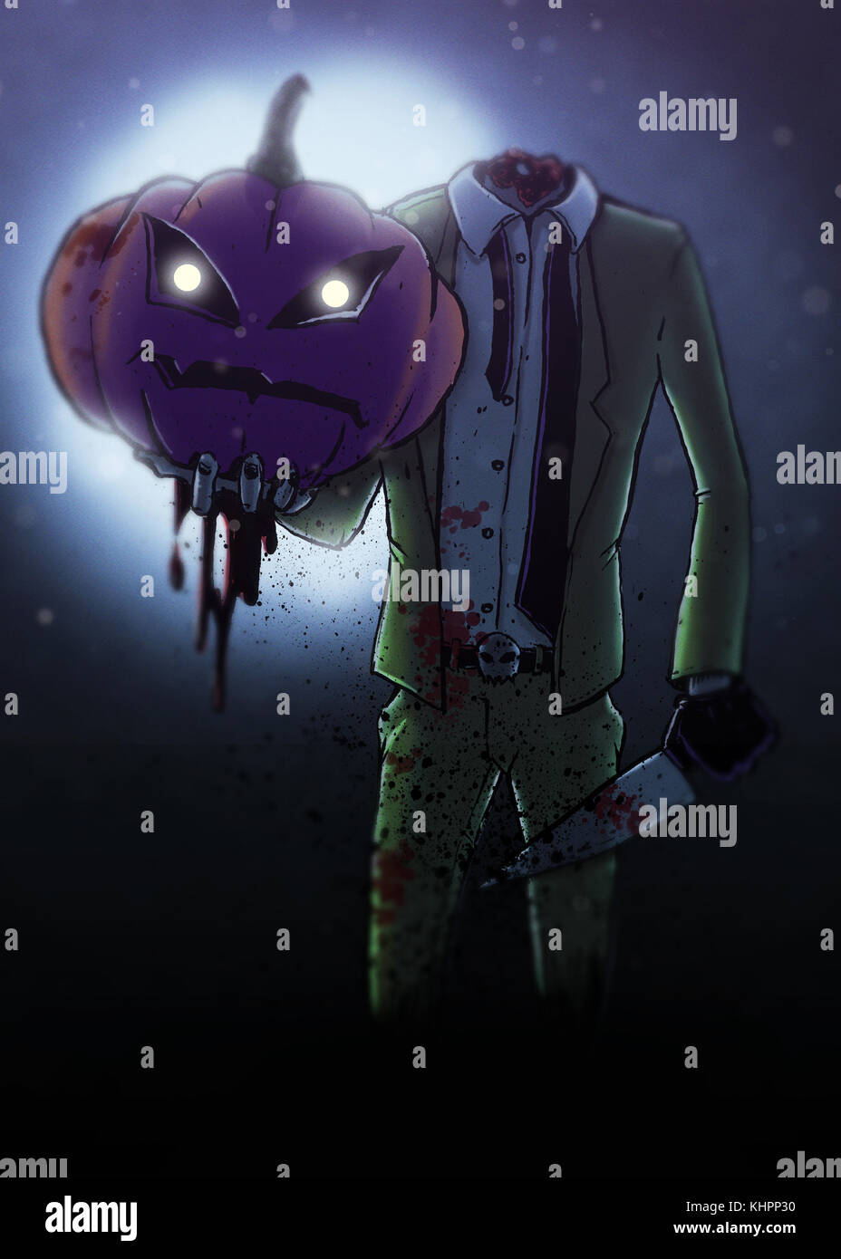 Corpo decapitato in tuta con il coltello con in mano una testa di zucca Foto Stock