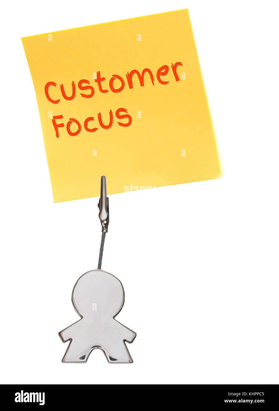 Adesivo arancione, carta nota isolato su bianco, detenute da business titolare carta di figura, la concezione di business, attenzione al cliente Foto Stock