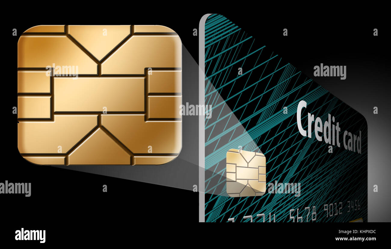 Un chip di sicurezza EMV è visto da vicino in un'illustrazione 3-d sulle carte di credito e di debito. Foto Stock