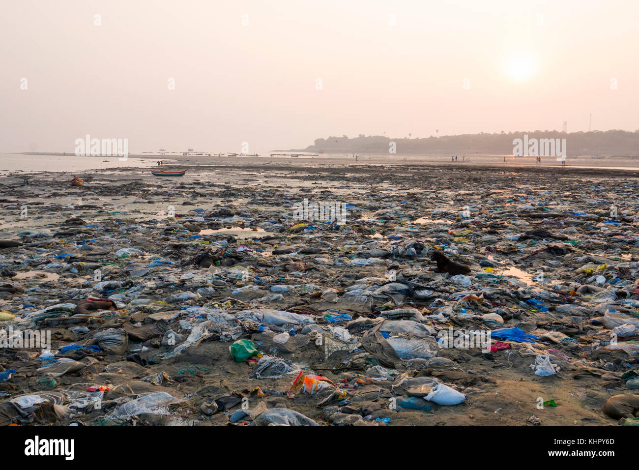 Pesante inquinamento delle acque reflue, immondizia di plastica e di altri rifiuti a bassa marea sulla spiaggia versova, Mumbai Foto Stock