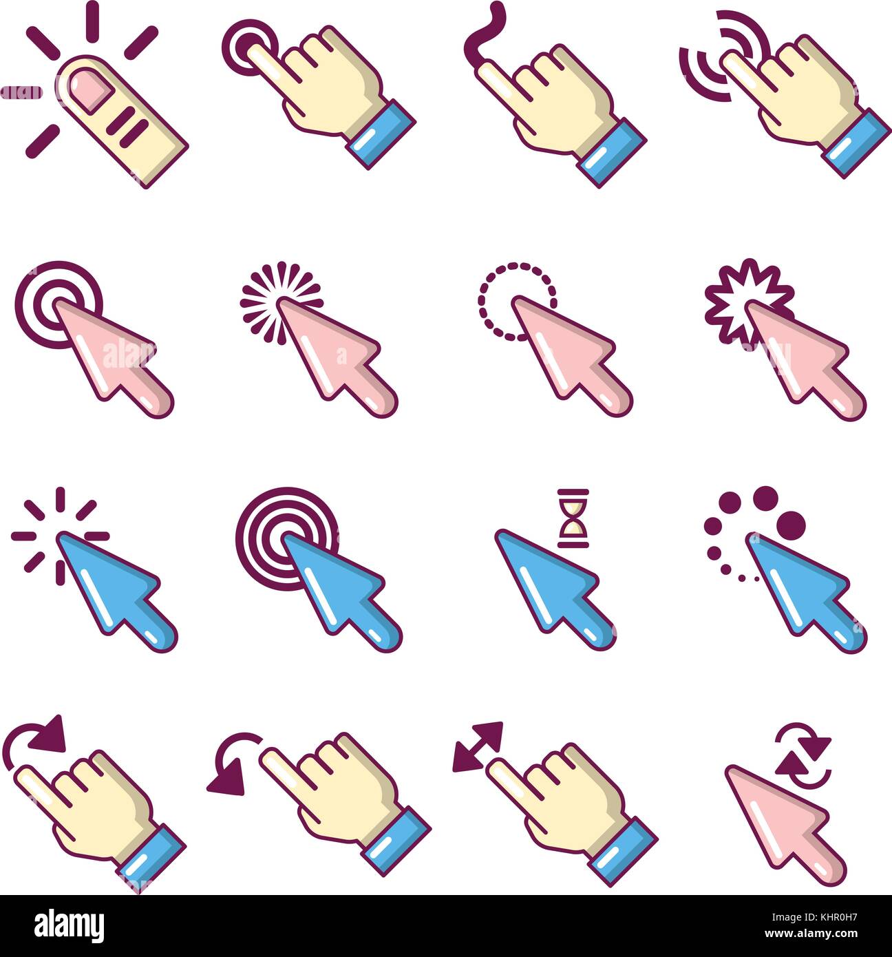 Mano fare clic su set di icone, stile cartoon Illustrazione Vettoriale