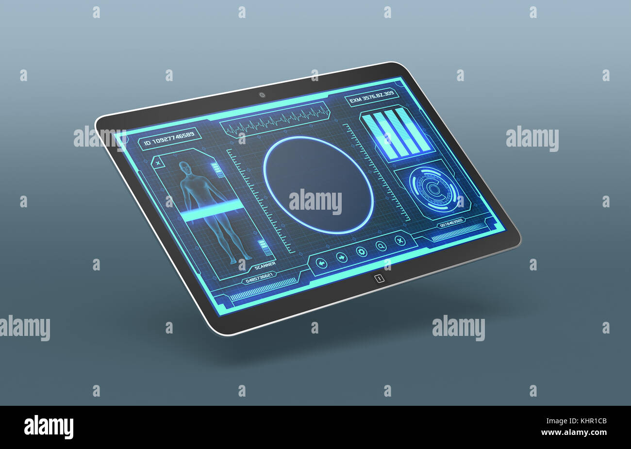 Tablet PC con una futuristica interfaccia app per medico e scientifico scopo (3d rendering) Foto Stock
