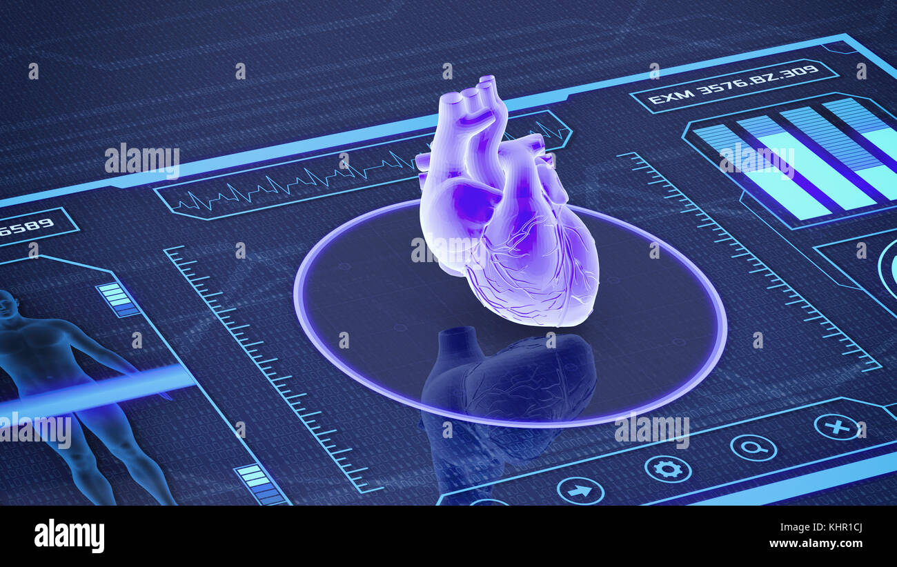 Futuristico interfaccia app per medico e scientifico scopo - cuore umano scanner (3d rendering) Foto Stock