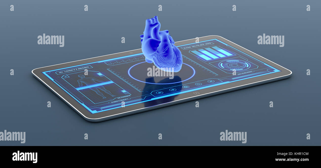 Tablet PC con una futuristica interfaccia app per medico e scientifico, scopo, cuore umano scanner (3d rendering) Foto Stock