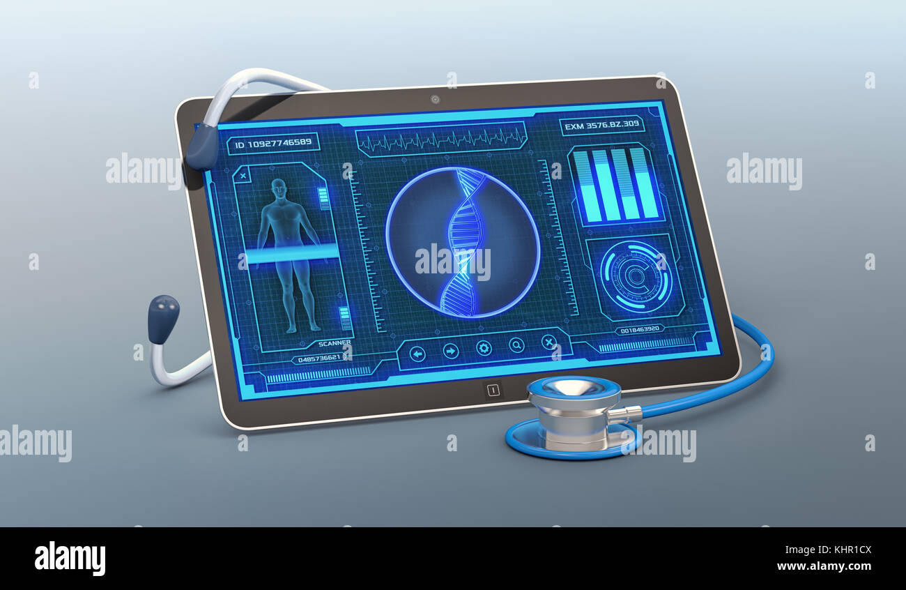 Tablet PC con una futuristica interfaccia app per medici e scopo scientifico, DNA umano scanner (3d rendering) Foto Stock
