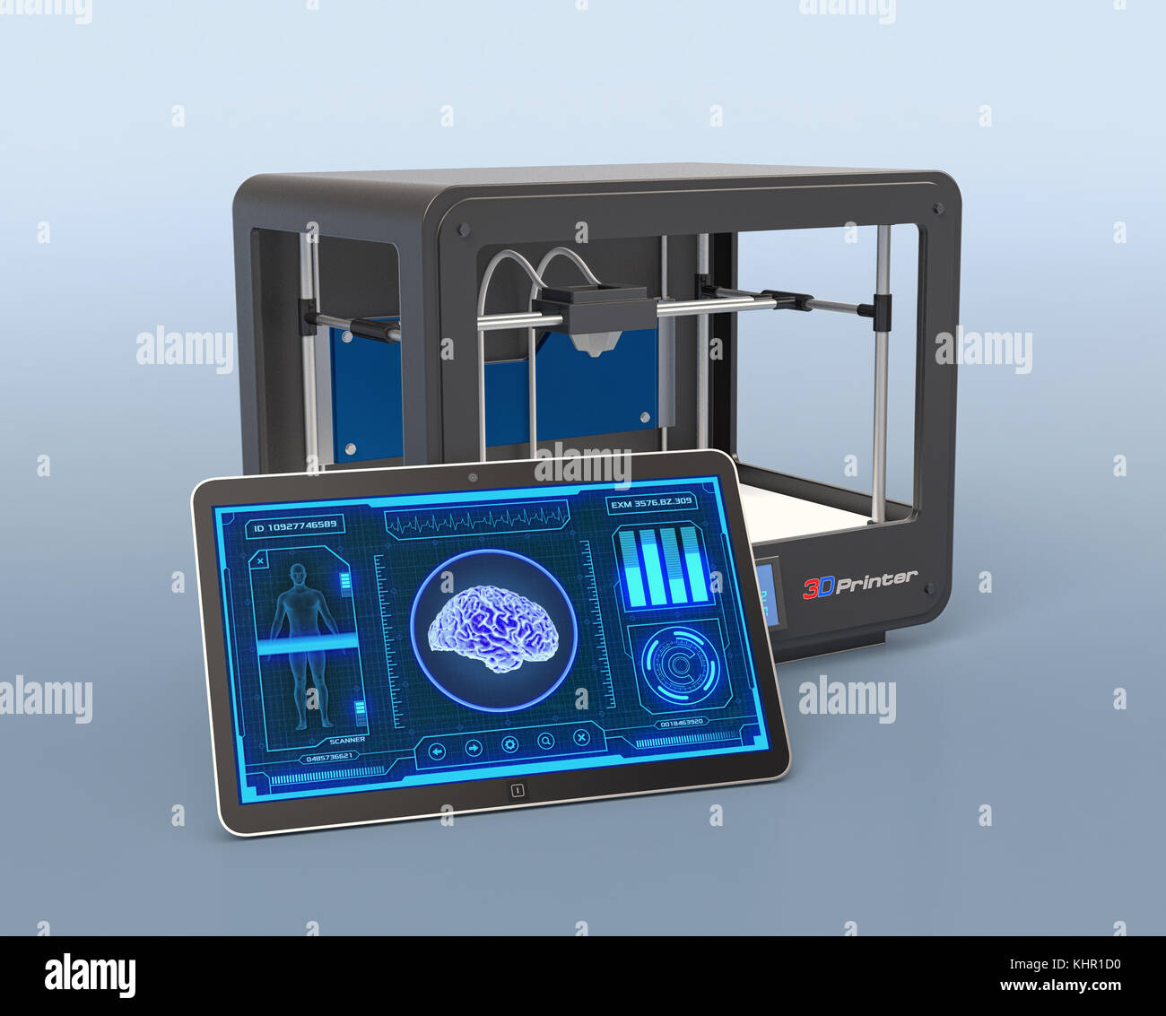 Tablet PC con futuristico app mediche e una stampante 3d, concetto di organi artificiali (3d rendering) Foto Stock