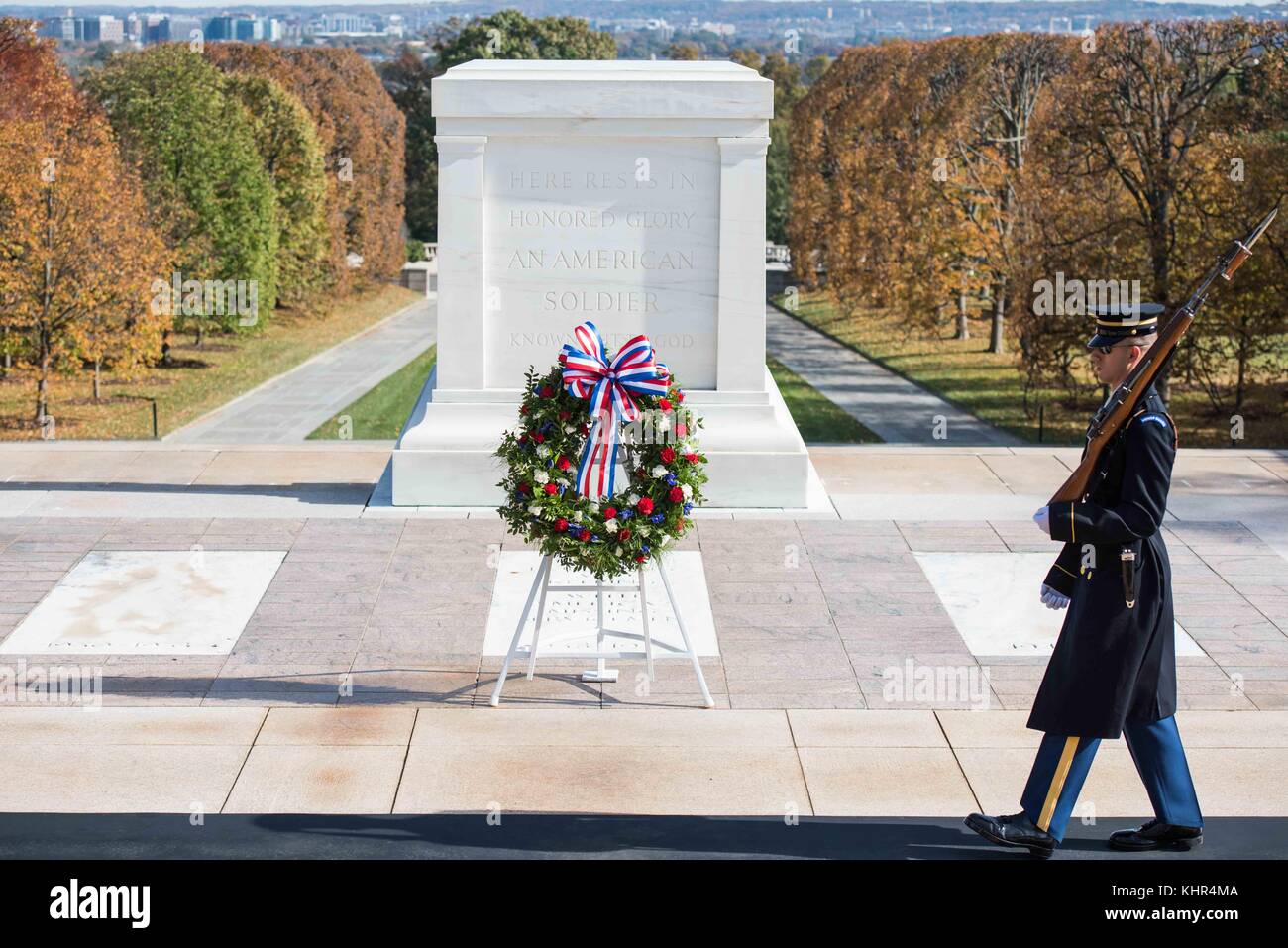 Una ghirlanda di memorial onori veterani militari durante la 64a rispetto dei veterani del giorno presso il Cimitero Nazionale di Arlington, la tomba del milite ignoto novembre 11, 2017 in Arlington, Virginia. (Foto di Gabriel silva via planetpix) Foto Stock