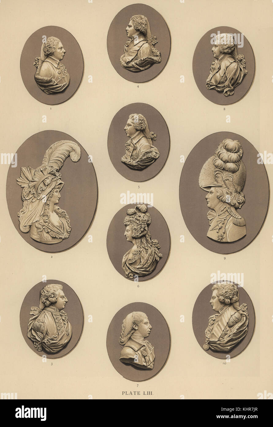 I ritratti della famiglia del re George III: il Principe Adolphus 1, Caroline Principessa di Galles 2, il Principe Federico 3, principe di Ernest 4, Principe Augustus 5, Princess Charlotte 6, Prince Edward 7, Prince William Henry 8, Prince George, Prince Regent 9,10. Chromolithograph da W. Griggs da Frederick Rathbone del vecchio Wedgwood, decorativo o di ceramica artistica di lavoro prodotta da Josiah Wedgwood, Quaritch, Londra, 1898. Foto Stock