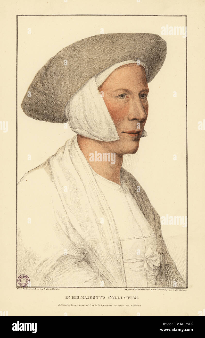 Ritratto di una donna sconosciuta, c. 1532. Handcolored incisione su rame da Francesco Bartolozzi dopo Hans Holbein da facsimili di disegni originali di Hans Holbein, Hamilton, Adams, Londra, 1884. Foto Stock