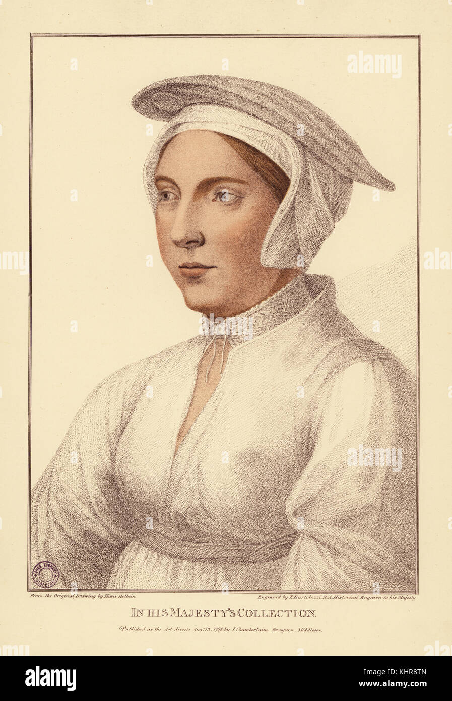 Ritratto di una donna sconosciuta, c. 1532. Handcolored incisione su rame da Francesco Bartolozzi dopo Hans Holbein da facsimili di disegni originali di Hans Holbein, Hamilton, Adams, Londra, 1884. Foto Stock