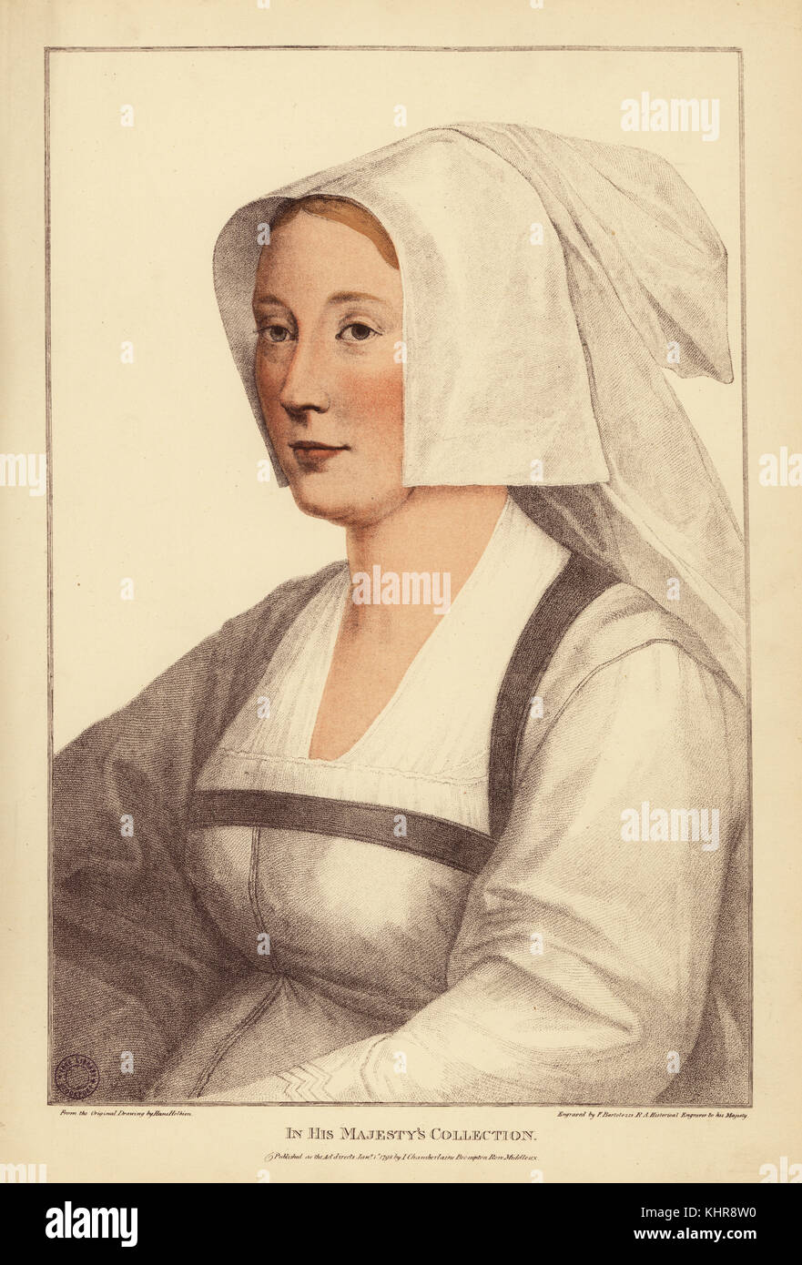 Ritratto di una donna sconosciuta, c. 1532. Handcolored incisione su rame da Francesco Bartolozzi dopo Hans Holbein da facsimili di disegni originali di Hans Holbein, Hamilton, Adams, Londra, 1884. Foto Stock