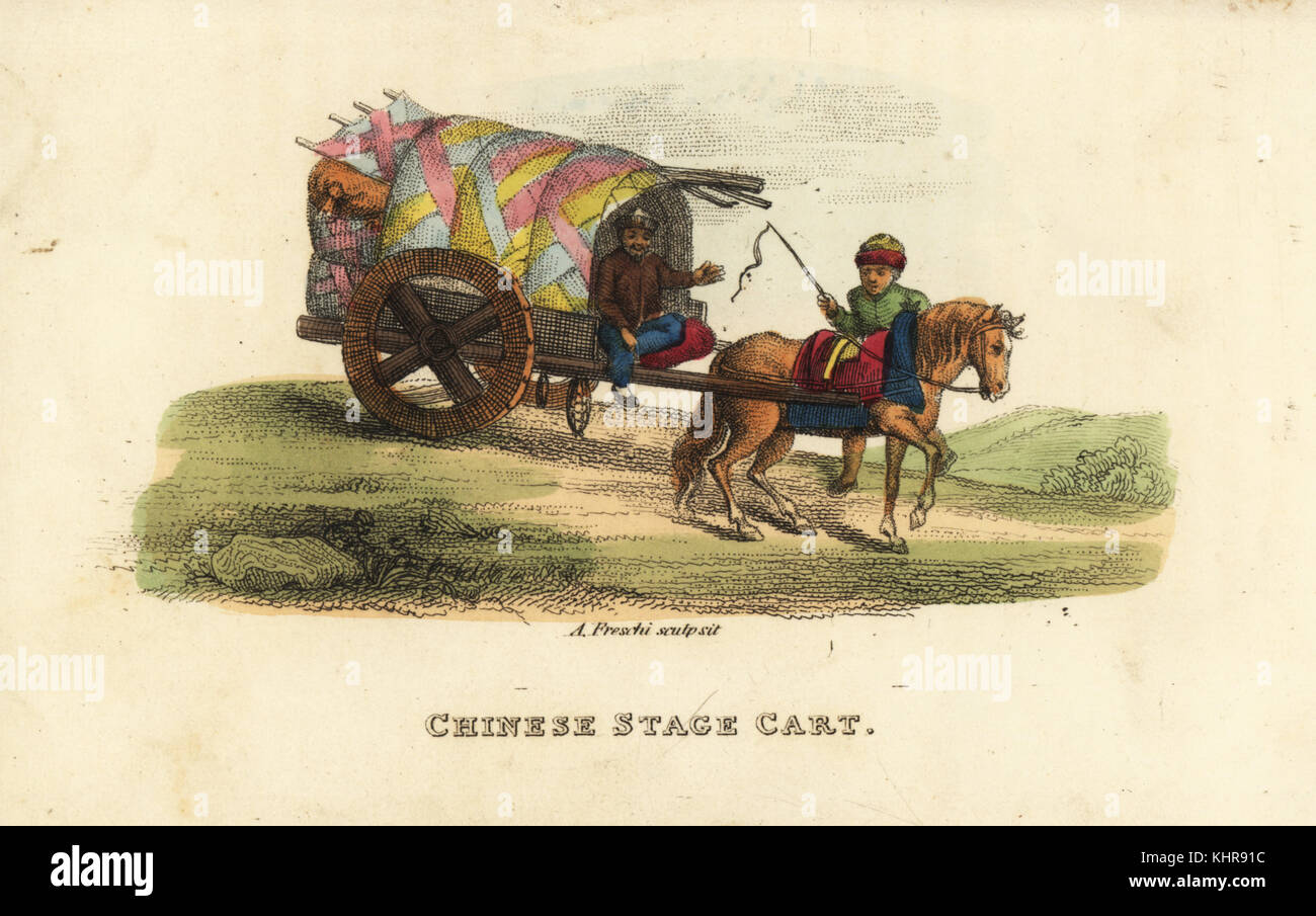 Tappa cinese carrello, Dinastia Qing. Comune di carrozza trainata da cavalli o di un carro utilizzato da tutte le classi. Handcolored incisione su rame da Andrea Freschi dopo Antoine Cardon da Henri-Leonard-Jean-Baptiste Bertin e Jean Baptiste Joseph Breton della Cina, i suoi costumi, arti, produce, ecc, Howlett e Brimmer, Londra, 1824. Foto Stock