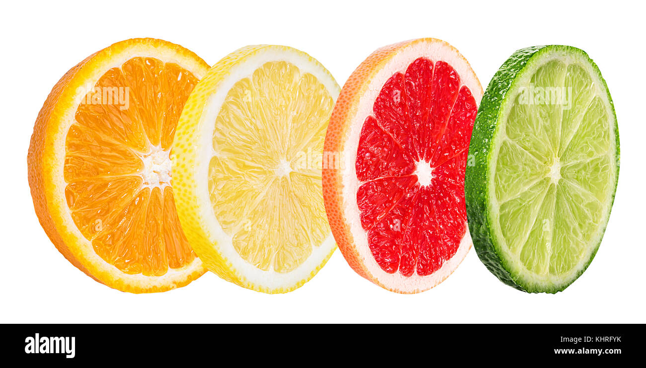 Agrumi set (arancione, pompelmo, calce, limone) isolati su sfondo bianco. Foto Stock