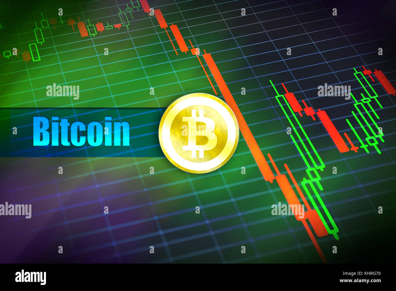 Bitcoin volatilità. rapido cambiamento, caduta di prezzo bitcoin grafico. segno di bitcoin a moneta in oro. turbolenza del cryptocurrency bitcoin concetto di prezzo. Foto Stock