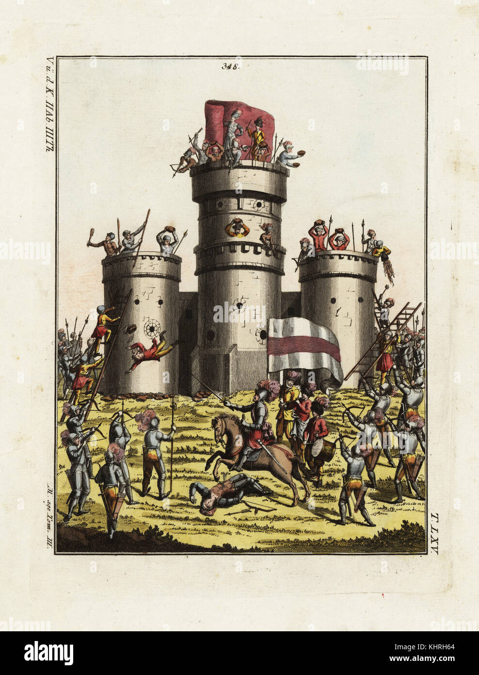 Assedio di un castello medievale. Cavalieri in armatura, arcieri e soldati su scale storm un castello difeso dai soldati di gettare sassi e olio bollente. Da un manoscritto di tornei nella raccolta di HRE Massimiliano I. Handcolored incisione su rame da Robert von Spalart il quadro storico dei costumi del popolo principale dell'antichità e del Medioevo, Chez Collignon, Metz, 1810. Foto Stock