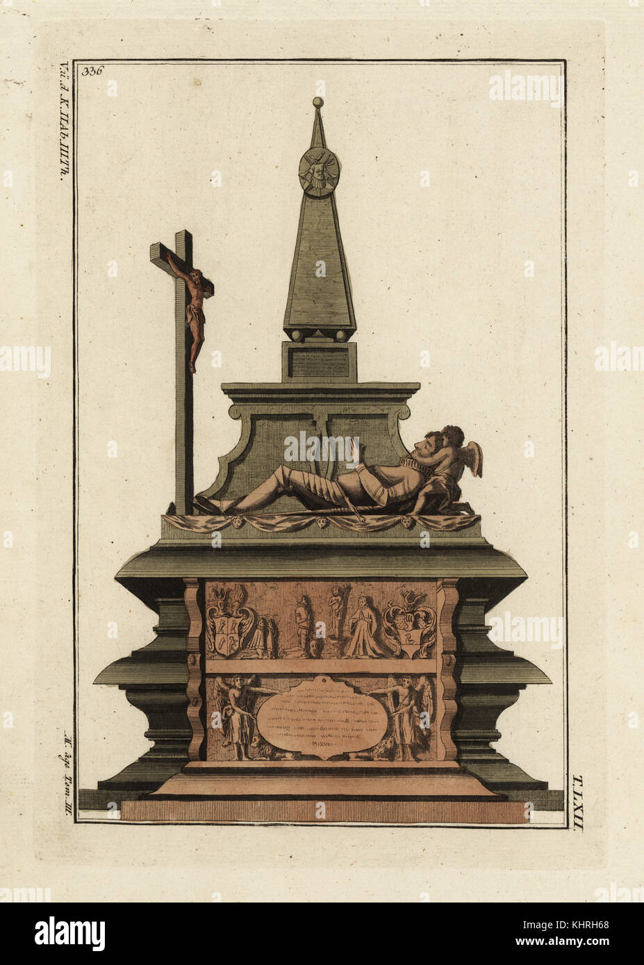 Tomba di un cavaliere che aveva partecipato a una crociata, con crocifisso e Cupido. Copiate da Aubin-Louis Milin's Antiquites Nationales, 1791. Handcolored incisione su rame da Robert von Spalart il quadro storico dei costumi del popolo principale dell'antichità e del Medioevo, Chez Collignon, Metz, 1810. Foto Stock