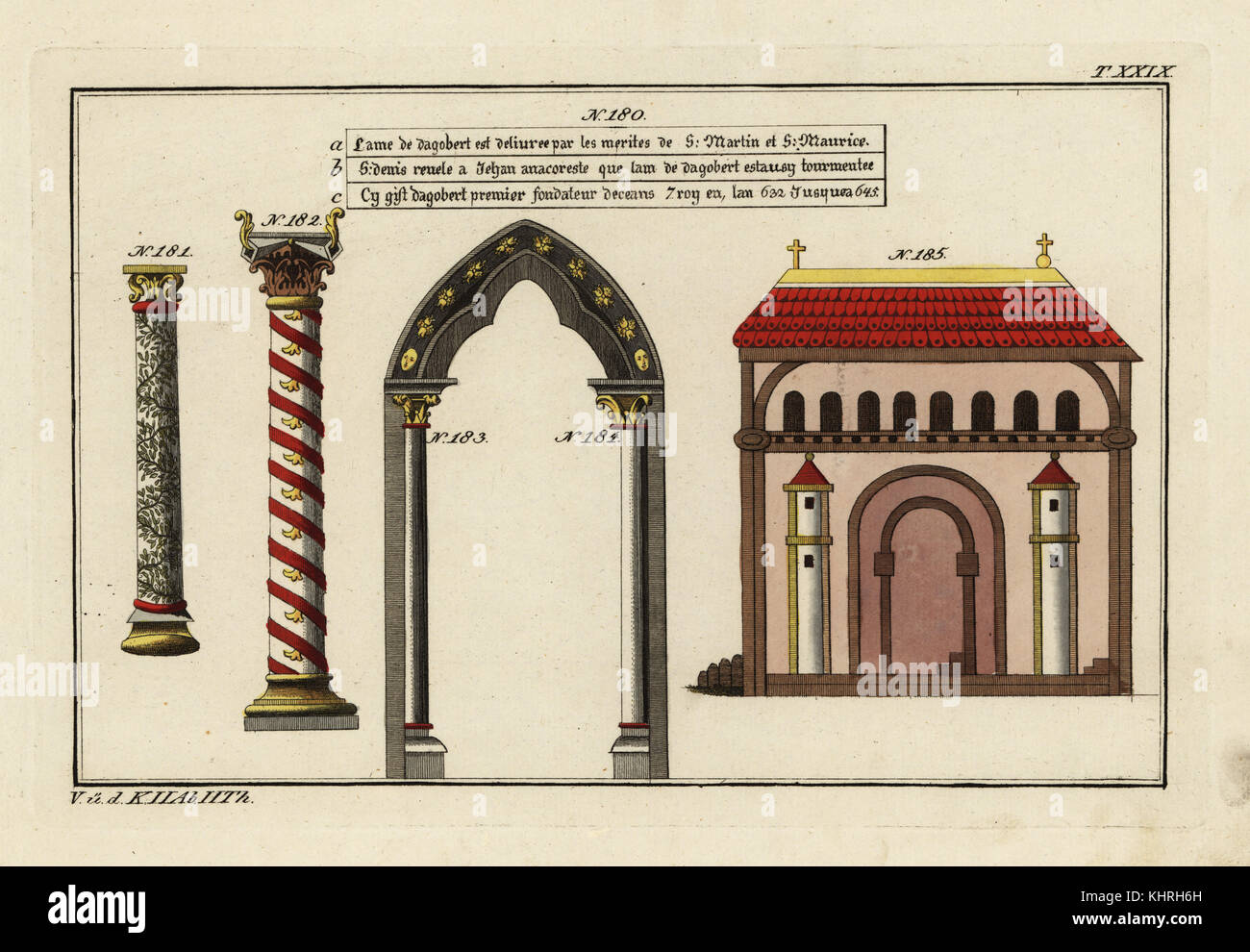 Iscrizione sulla tomba del re Dagobert io in St Denis 180, pilastri Frankish e arco 181-184, e una chiesa Frankish 185. Handcolored incisione su rame da Robert von Spalart il quadro storico dei costumi del popolo principale dell'antichità e del Medioevo, Chez Collignon, Metz, 1810. Foto Stock