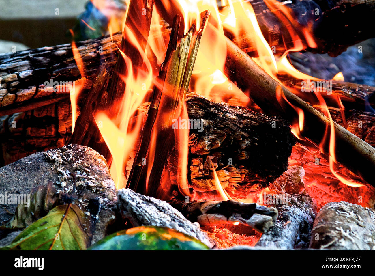 Una delle cose migliori di campeggio è proprio guardando il fuoco. ottenere un sacco di legno e mantenere quel fuoco vivo. Foto Stock