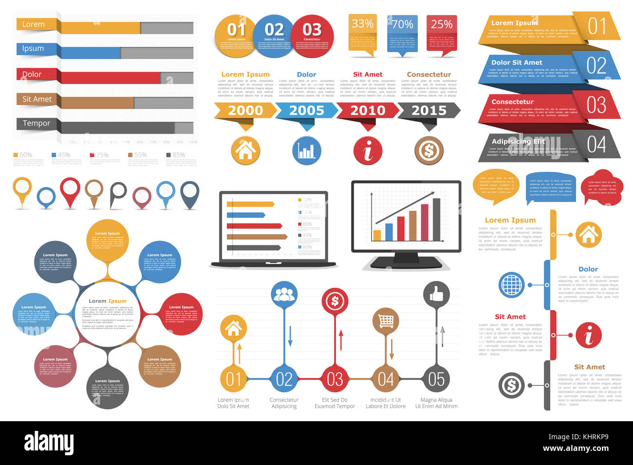 Set di infografico elementi di design - diagrammi a barre, i marcatori mappa, Circle Diagram, fumetti, timeline di oggetti con gradini o opzioni, computer e la Foto Stock