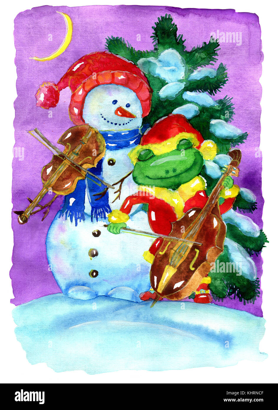 Amici pupazzo di neve in cappello di Santa e rana in costume di Santa che  suona