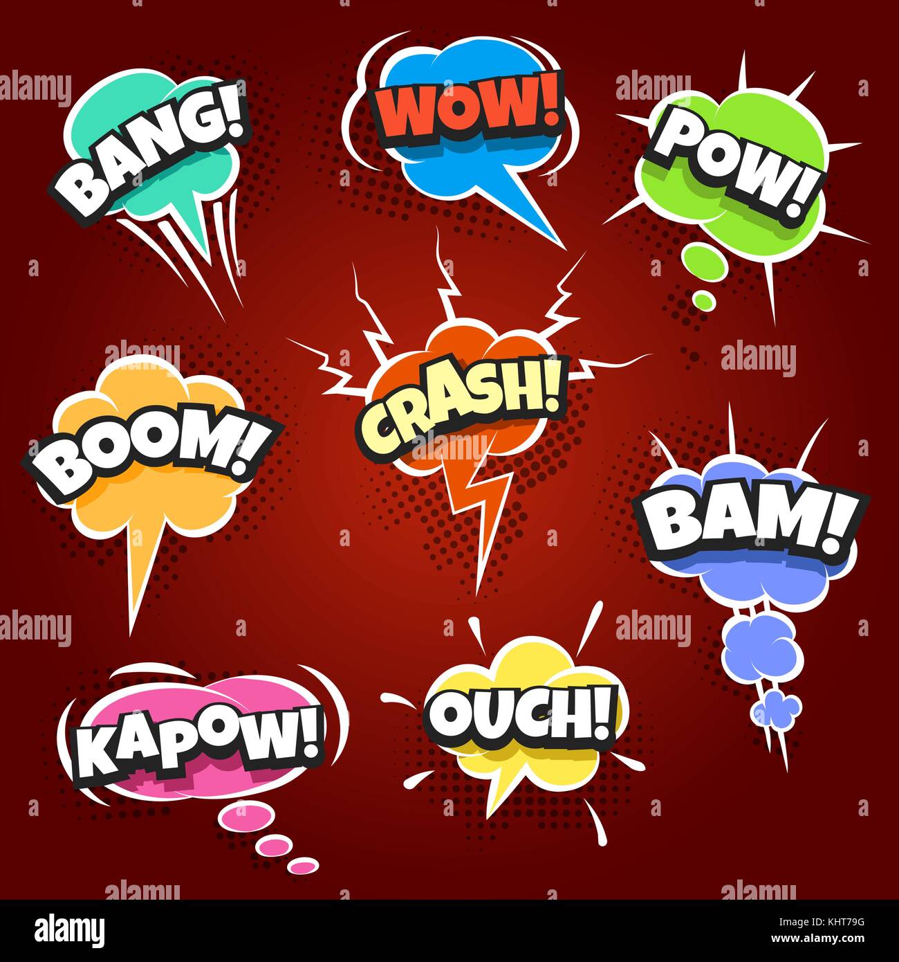 Set di fumetto discorso set bolle con un testo diverso wow, ouch, bang, pow, crash etc, pop art style. illustrazione vettoriale. Illustrazione Vettoriale