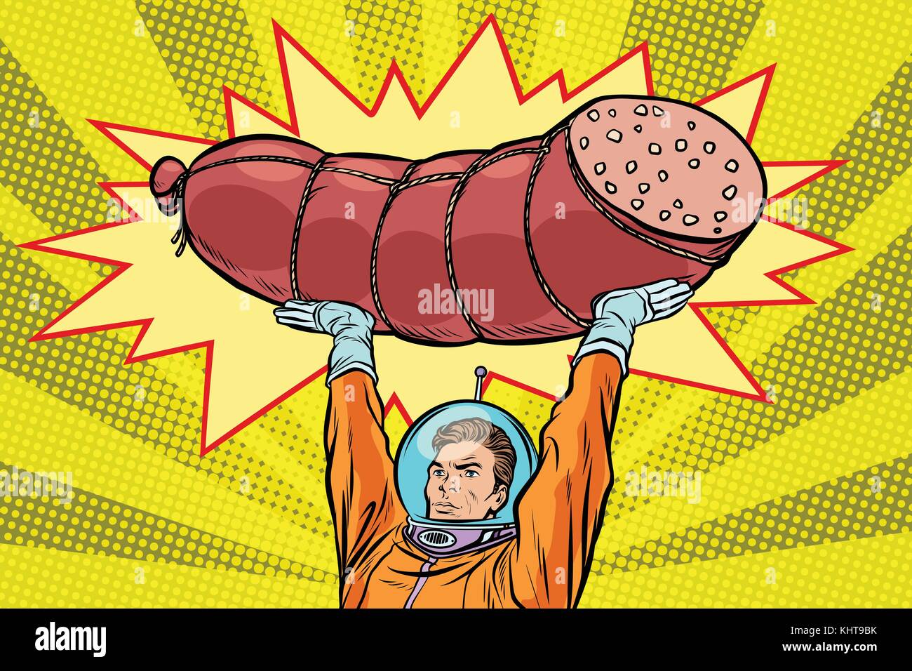 Astronauta e salsiccia cotte, prodotti a base di carne. arte pop retrò illustrazione vettoriale Illustrazione Vettoriale