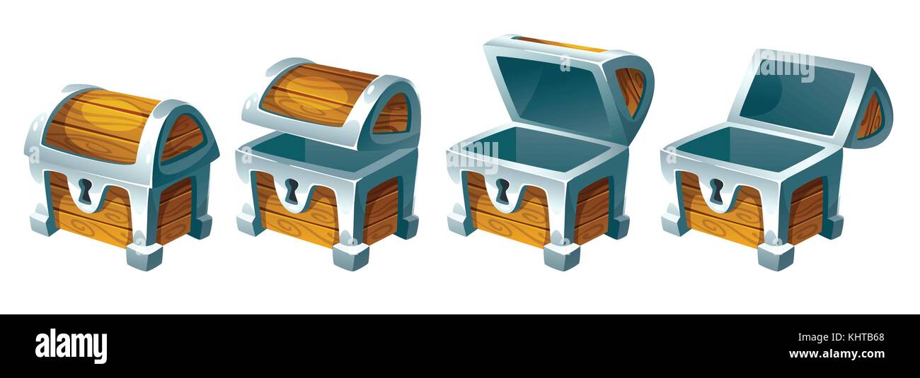 Vettore stile fumetto illustrazione del tesoro per l'animazione. aperto e chiuso nella casella di antiquariato. isolato su sfondo bianco. Gioco di interfaccia utente (GUI Illustrazione Vettoriale
