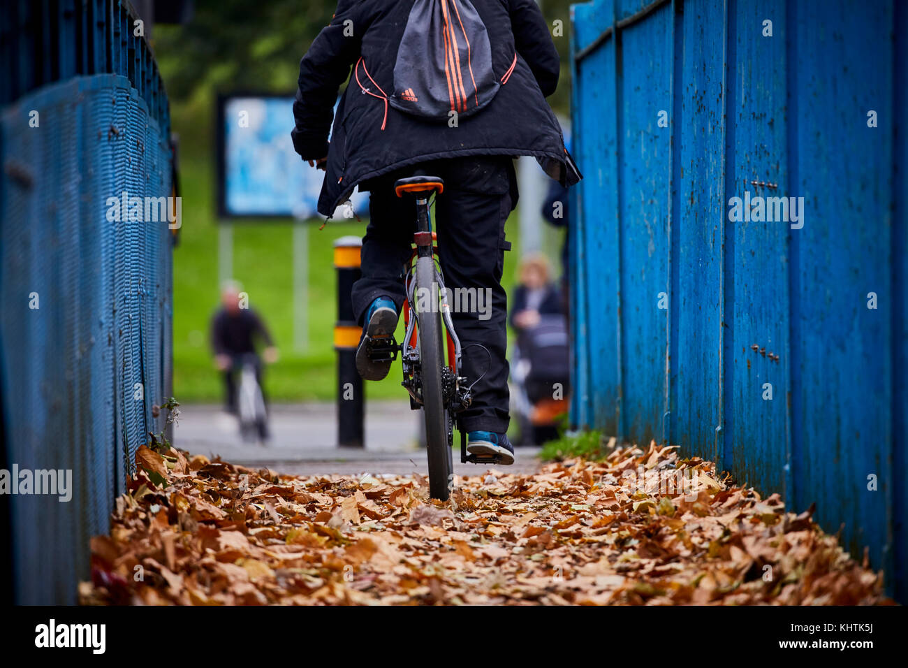 Una persona sul loro bicicletta pedalando su caduto foglie di autunno in, winsford cheshire Foto Stock