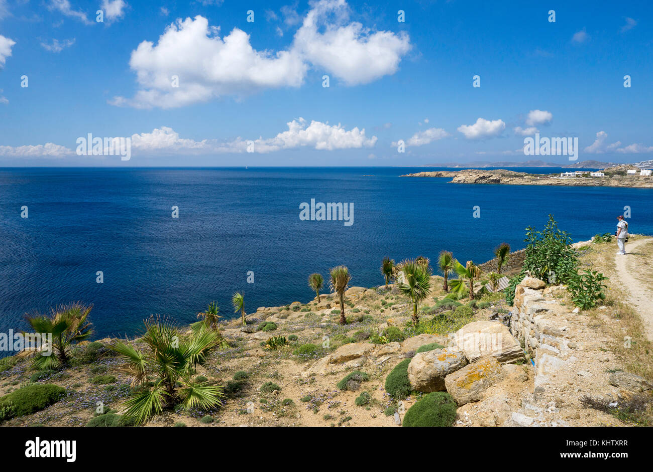 Il paesaggio della costa di Platis Gialos, a sud dell'isola di Mykonos, Cicladi, Egeo, Grecia Foto Stock