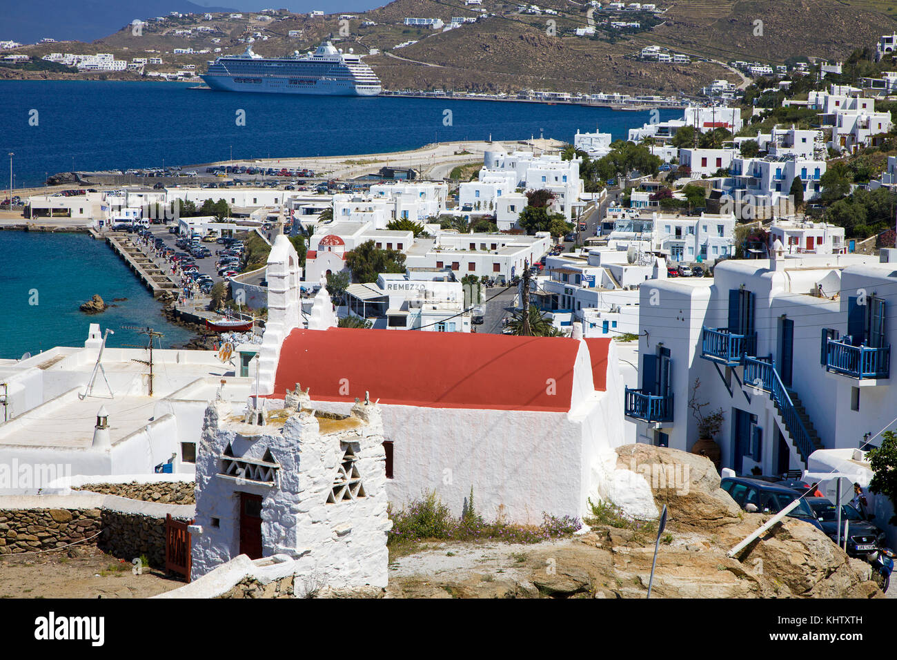 Vista su mykonos-town, chora, MYKONOS Isola, Cicladi, Egeo, Grecia Foto Stock