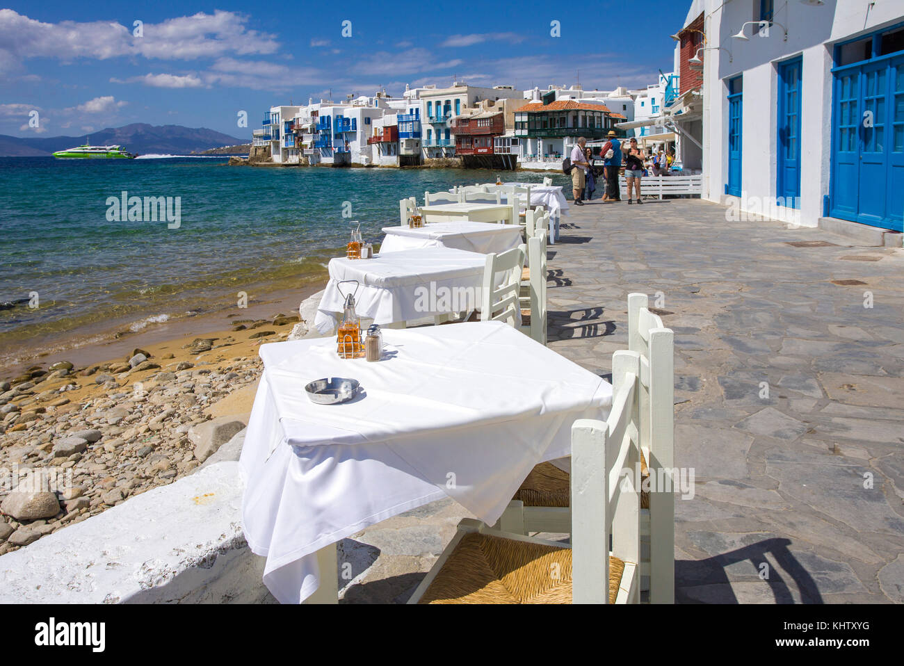 Gastronomie di Klein Venedig in Mykonos-Stadt, gastronomia a little venice a Mykonos-town, MYKONOS Isola, Cicladi, Egeo, Grecia, Foto Stock