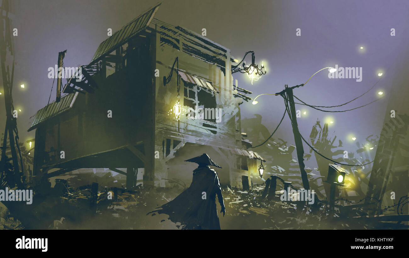 Scena notturna di un uomo che guarda la vecchia casa con junk tutto intorno, arte digitale stile, illustrazione pittura Foto Stock