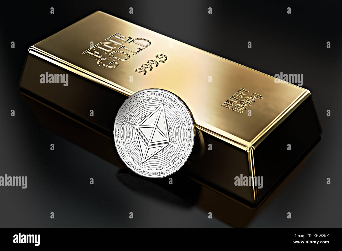 Ethereum coin magra contro di lingotto d'oro (bullion bar). Ethereum così desiderabile come gold - concetto. Il rendering 3D Foto Stock