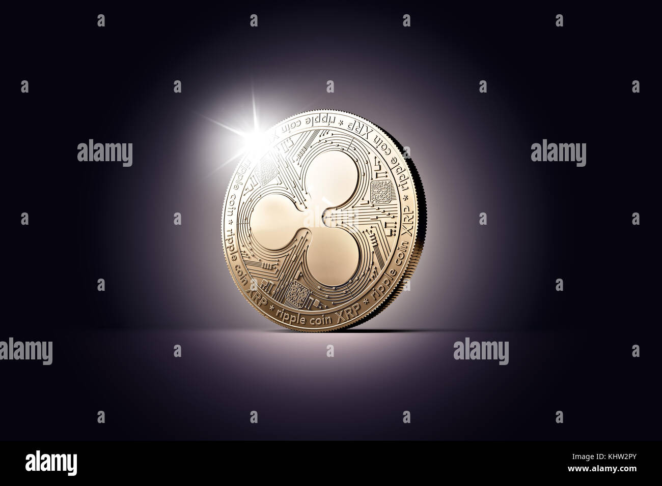 Una golden Ripple moneta (XRP) su una illuminata delicatamente lo sfondo scuro. Nuovo denaro virtuale, 3D render Foto Stock