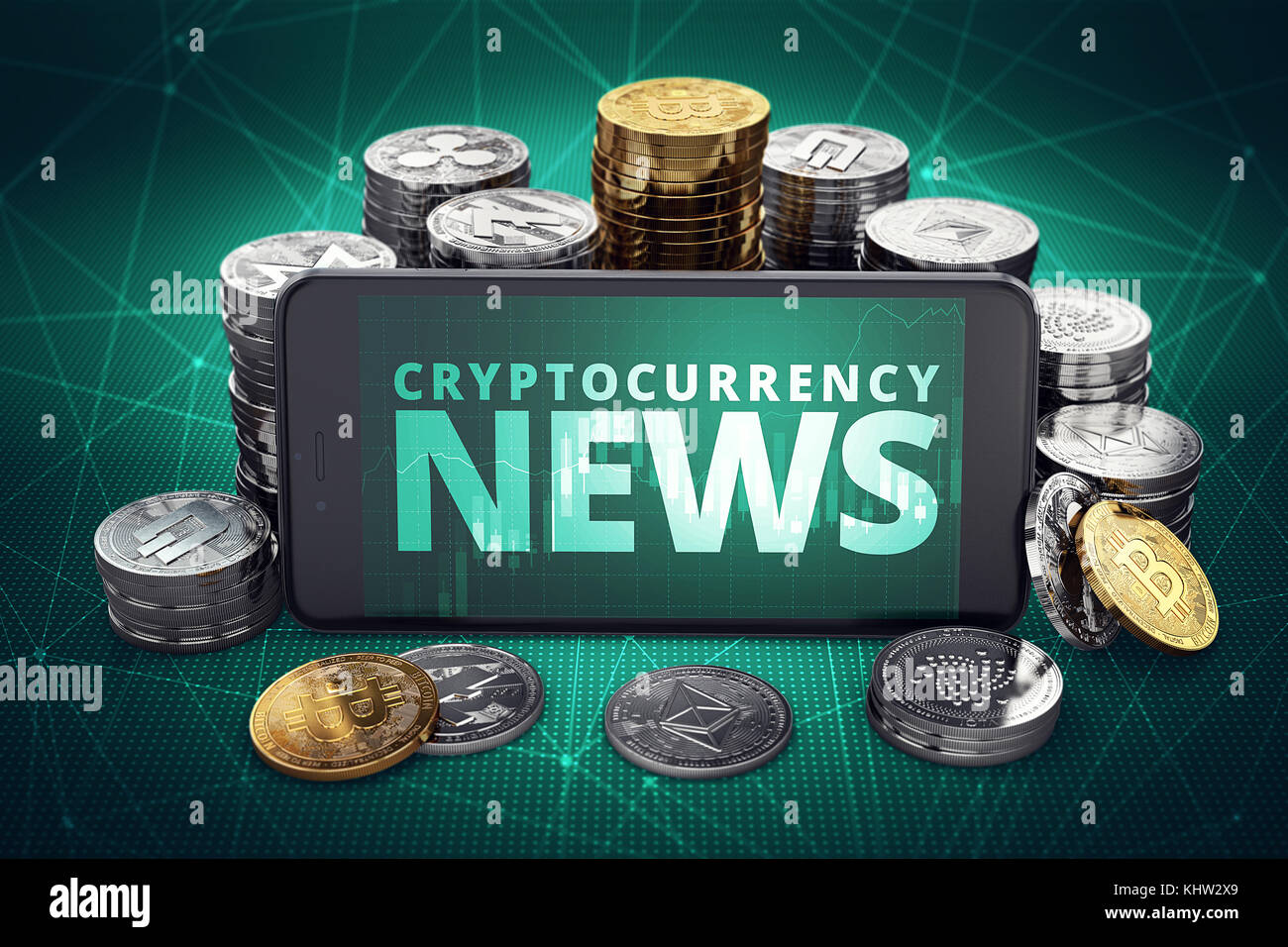 Cryptocurrency news testo sulla schermata dello smartphone circondato da pile di differenti monete crypto. Schermata del titolo per le recenti notizie cruptocurrency. 3d illustrat Foto Stock