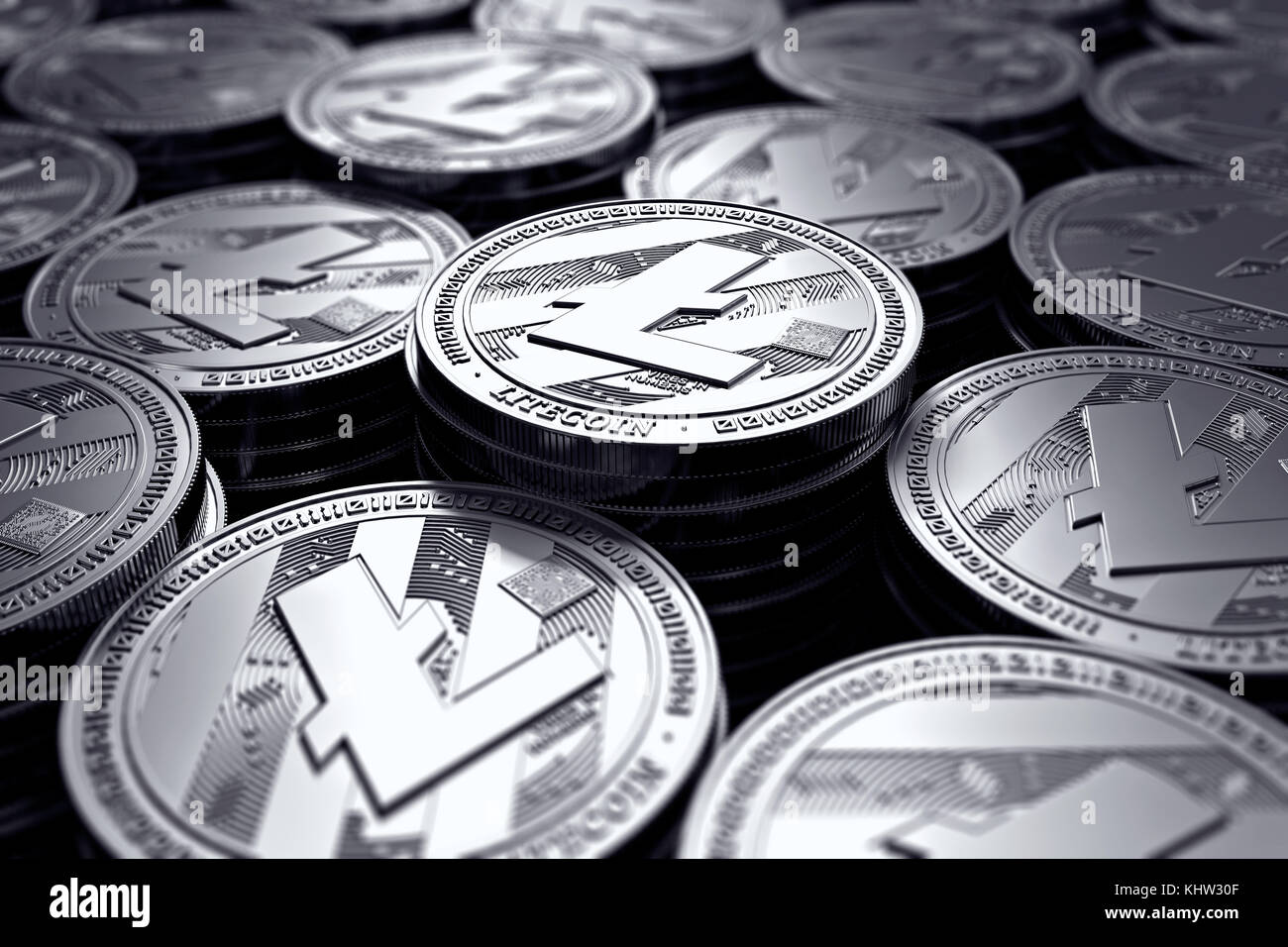 Litecoin Coins (LTC) in primo piano sfocato. Nuova criptovaluta e moderno concetto bancario. Rendering 3D. Foto Stock