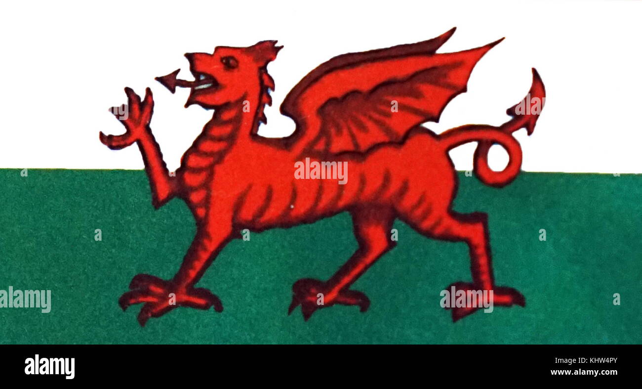 Illustrazione raffigurante la bandiera del Galles (Baner Cymru o Y Ddraig Goch) che consiste di un drago rosso passant su una verde e nel campo bianco. In data xx secolo Foto Stock