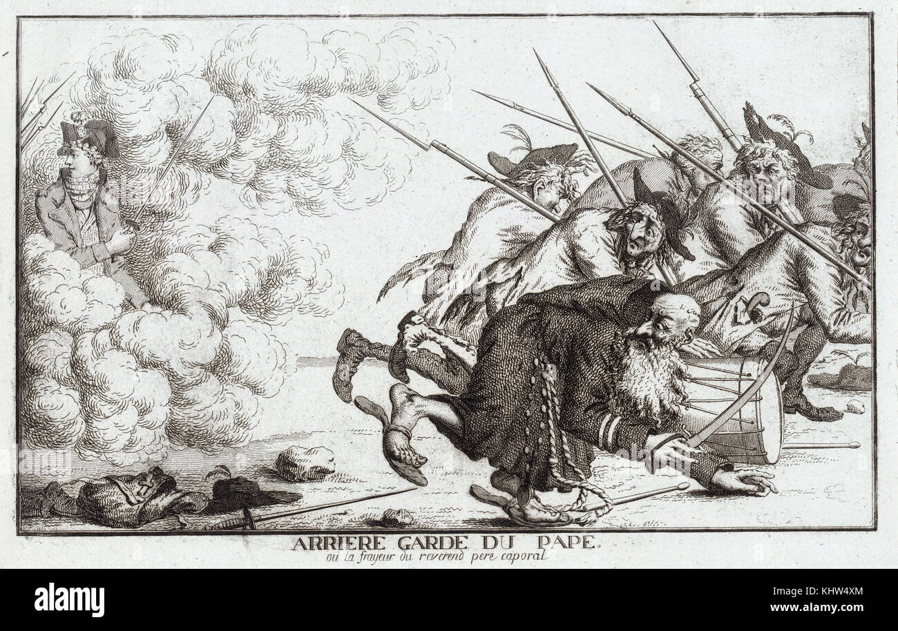 Stampa raffigurante il ragged retro-guardia le truppe dell'esercito pontificio accovacciata come loro ritirata dall'avanzamento dell'esercito francese guidato da il bello e ben vestito Napoleone Bonaparte che emergono sulla sinistra attraverso una fuga di nuvole. Datata xviii secolo Foto Stock