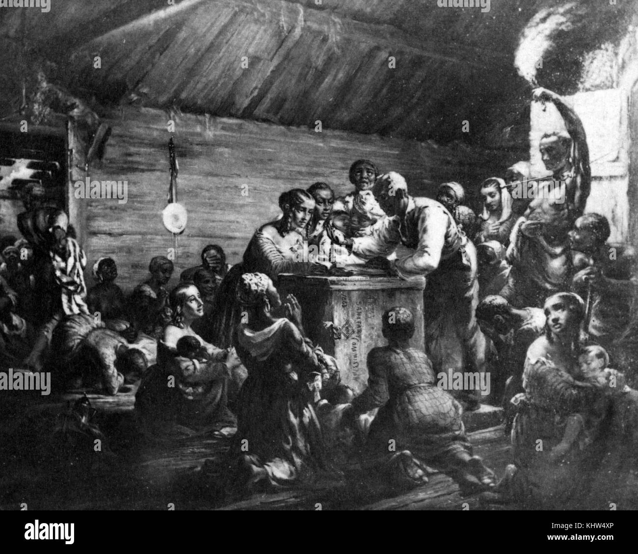 Stampa raffigurante afro-americano di uomini, donne e bambini si sono riuniti intorno ad un uomo con un orologio, aspettando il Proclama di emancipazione. Datata del XIX secolo Foto Stock