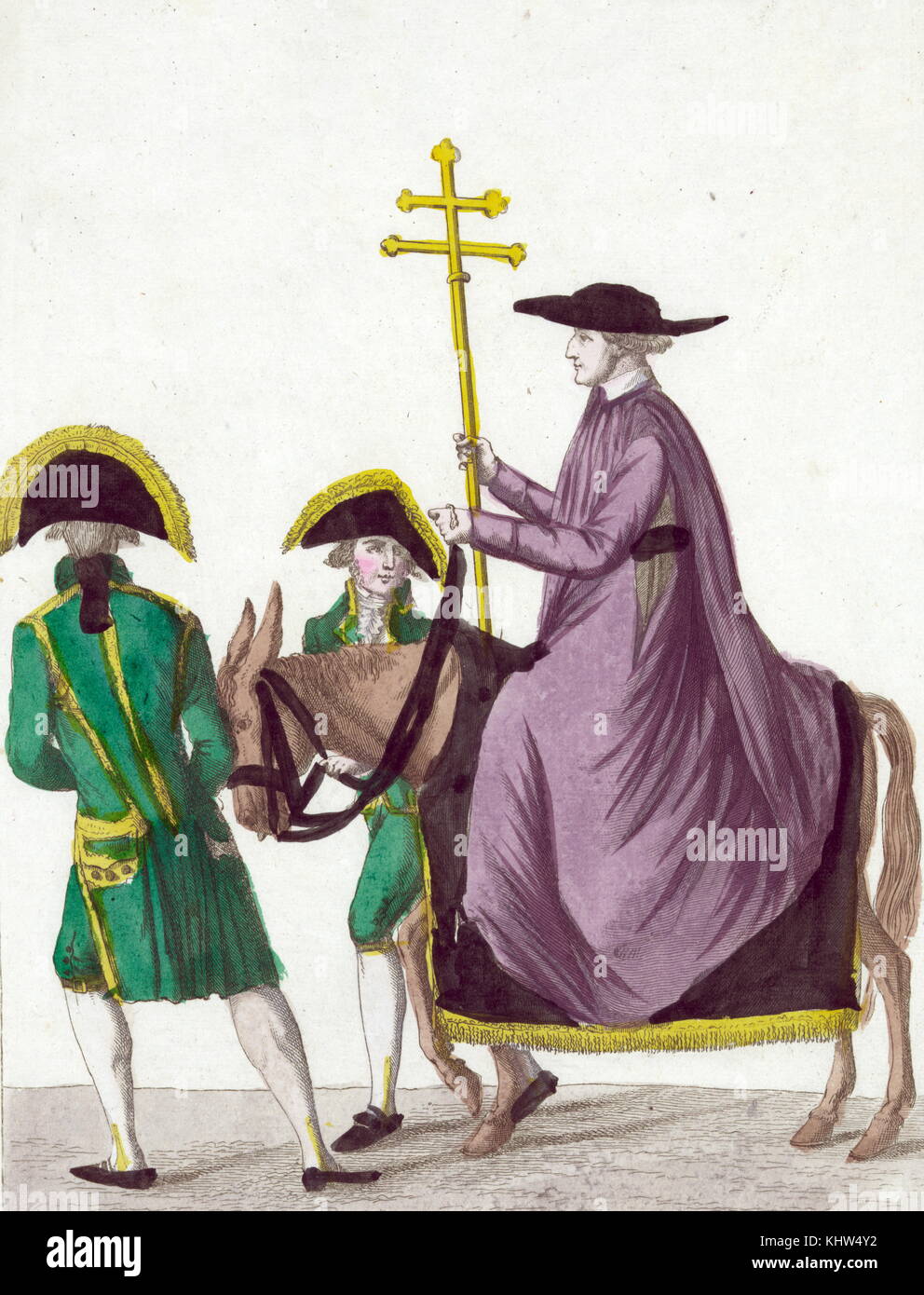 Stampa raffigurante il Nunzio Apostolico, Speroni, a cavallo passando due protezioni, portando la croce del Papa alla incoronazione di Napoleone alla cattedrale di Notre Dame. Datata del XIX secolo Foto Stock