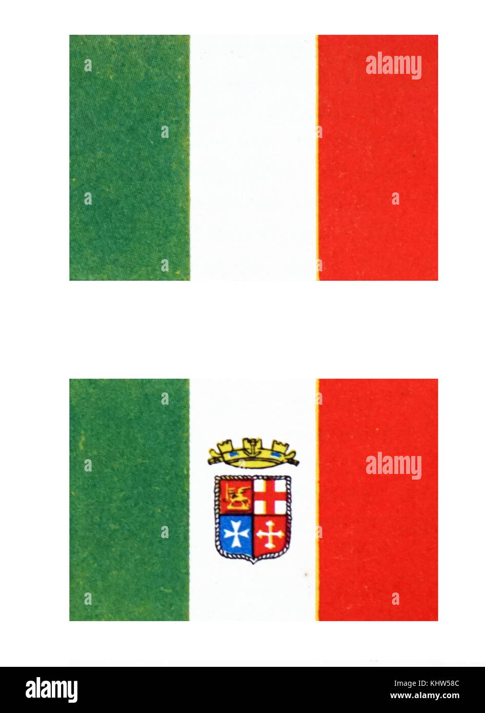 Illustrazione raffigurante la bandiera nazionale dell'Italia (in alto) e l'alfiere dell'Italia (fondo). In data xx secolo Foto Stock