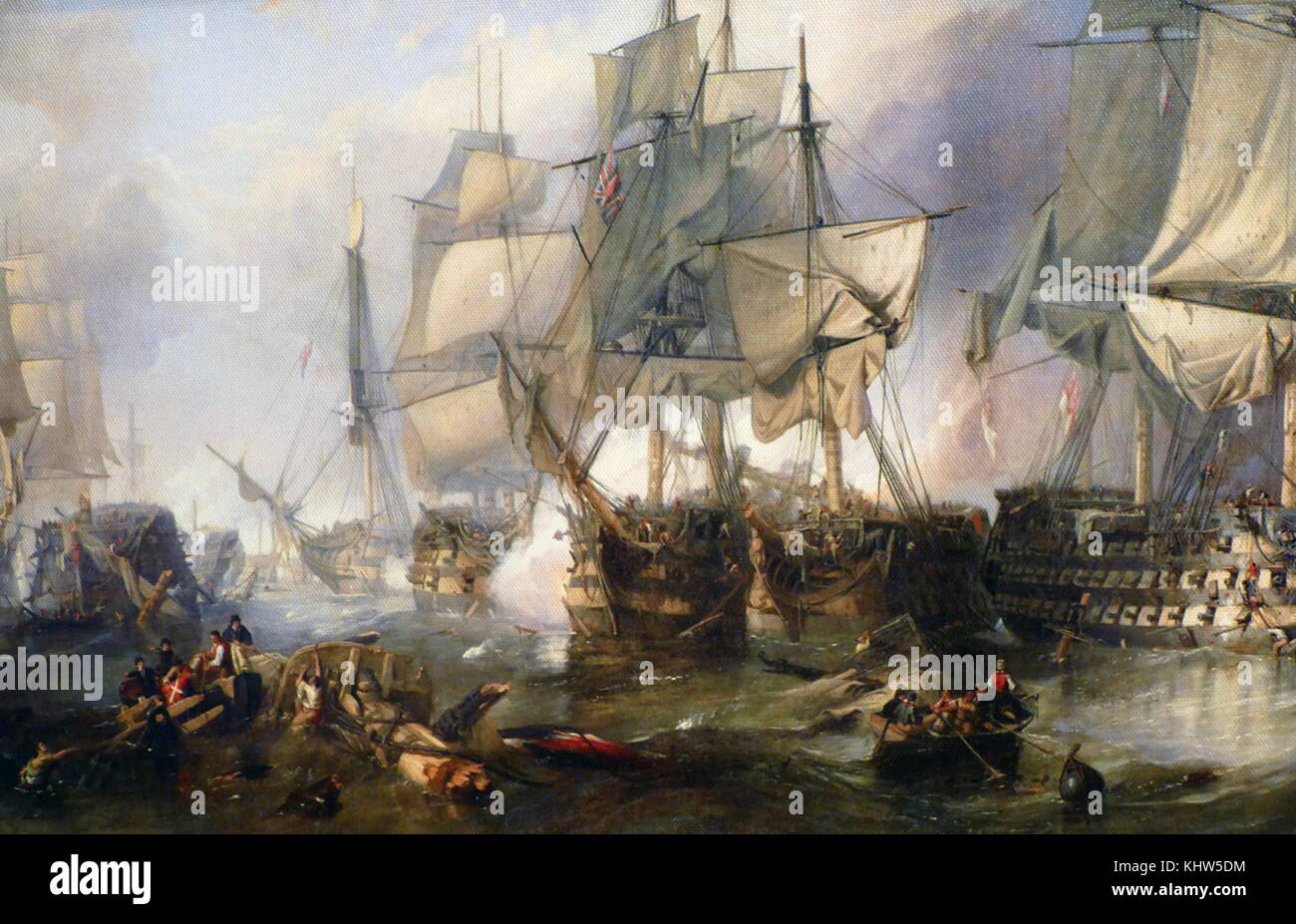 Pittura intitolato "La Battaglia di Trafalgar nel 1805' dal Clarkson Frederick Stanfield (1793-1867) un inglese un pittore marino. Datata del XIX secolo Foto Stock